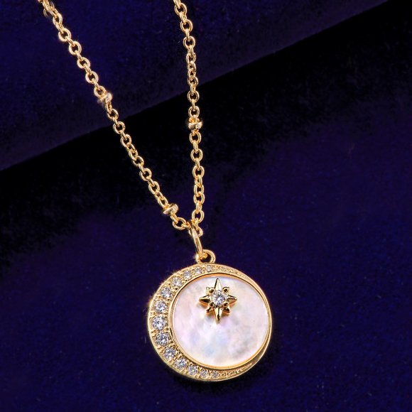Champagne Gold Necklace with Mother Of Pearl, Round Crescent Moon and st… - Picture 5 of 5